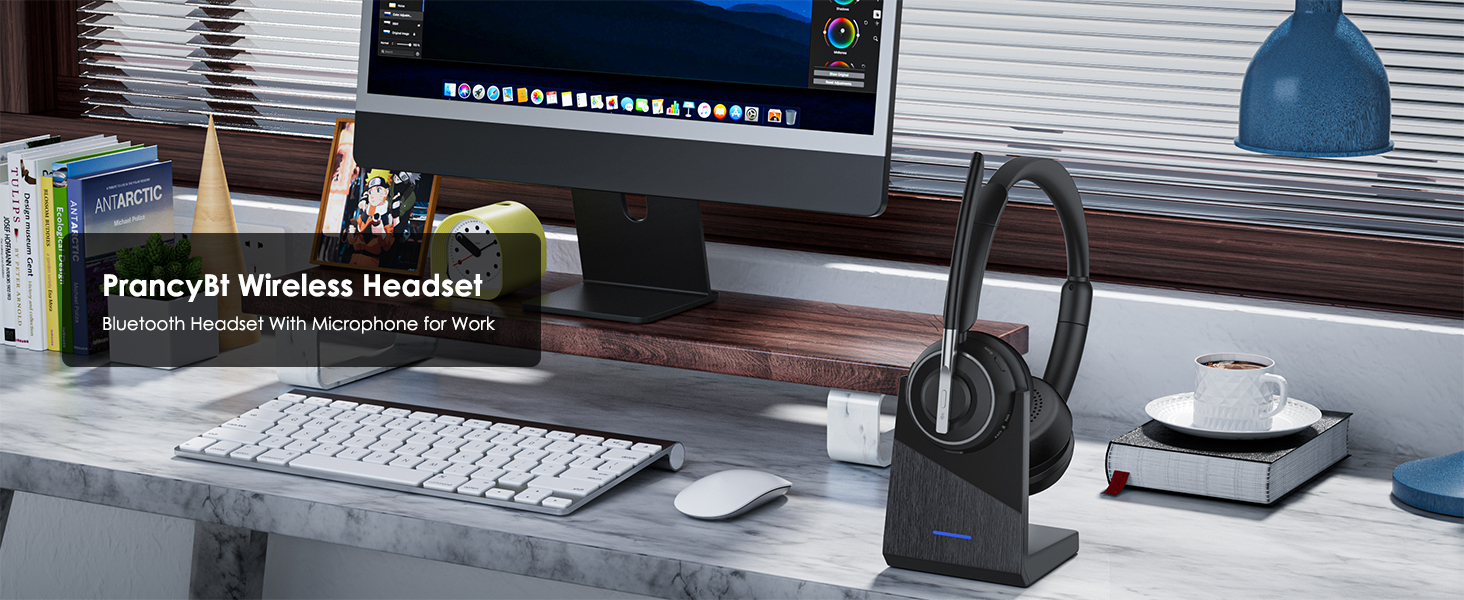 PrancyBt Wireless Headset, Bluetooth Headset with AI Noise Cancelling Mic, Bluetooth V5.2 Headphones with USB Dongle, Charging Base & Mic Mute for PC/Cell Phones/Call Center (Binaural, Black)